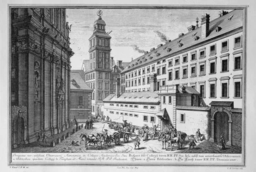 Veduta del nuovo Osservatorio nel Collegio dei Gesuiti, Vienna, che mostra anche la biblioteca e la chiesa di Santa Maria Rotonda, inciso da Johann-August Corvinus (1683-1738)